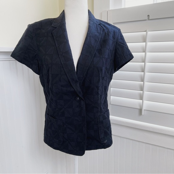 Talbots Navy Blue Geometric Embroidered Short Sleeve One Button Blazer Size 10 - Picture 1 of 5